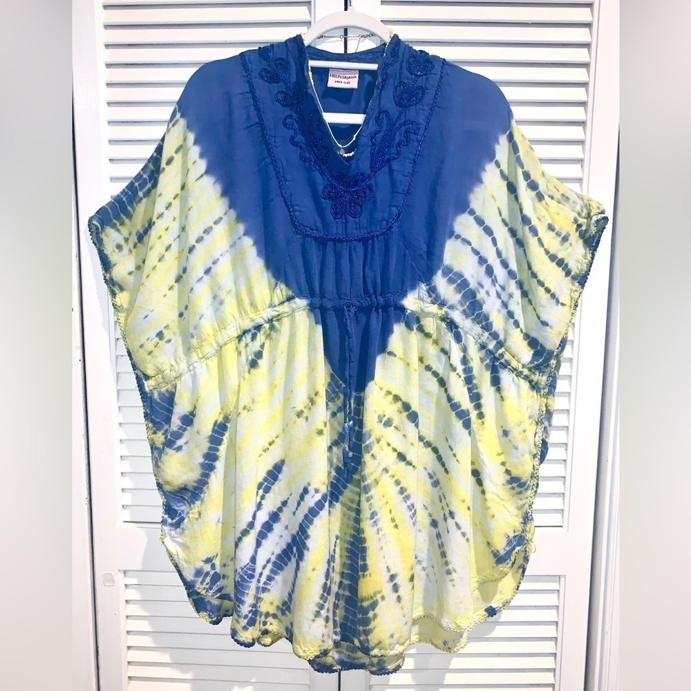 Blue and butter yellow tie-dye Kafton beach, cover-up, women’s one size